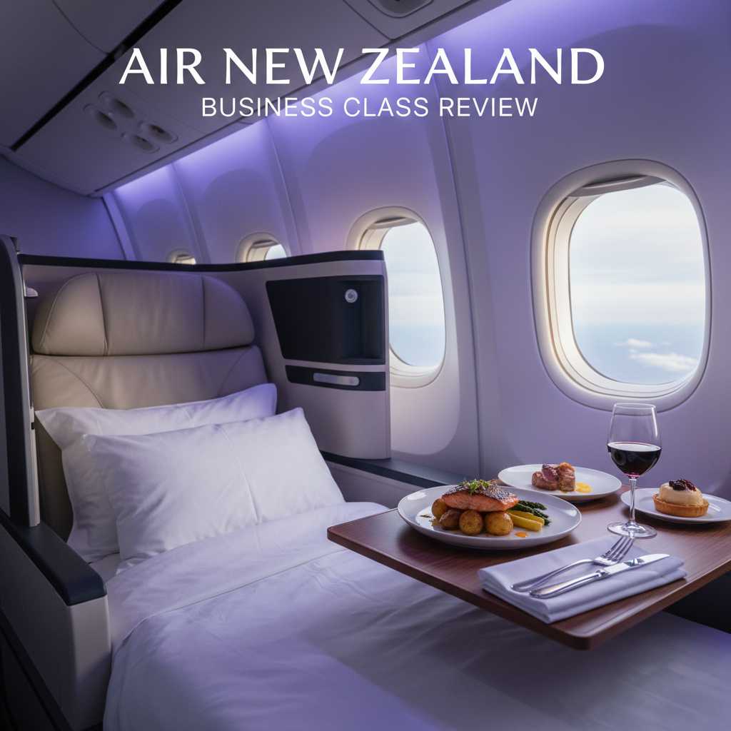 Air New Zealand Business Class: Luxurious seat, gourmet dining, and comfort in a modern cabin setting.