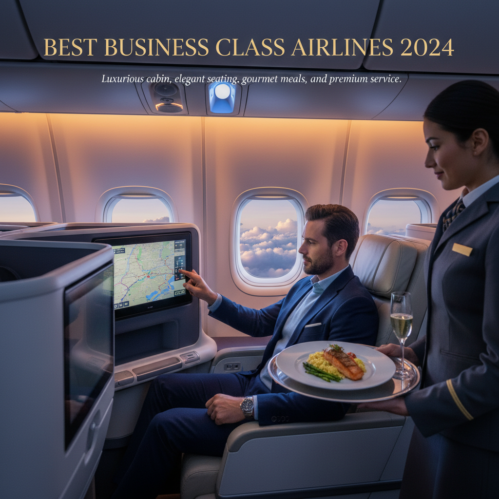 Best Business Class Airlines 2024: Luxurious cabin, elegant seating, gourmet meals, and premium service.