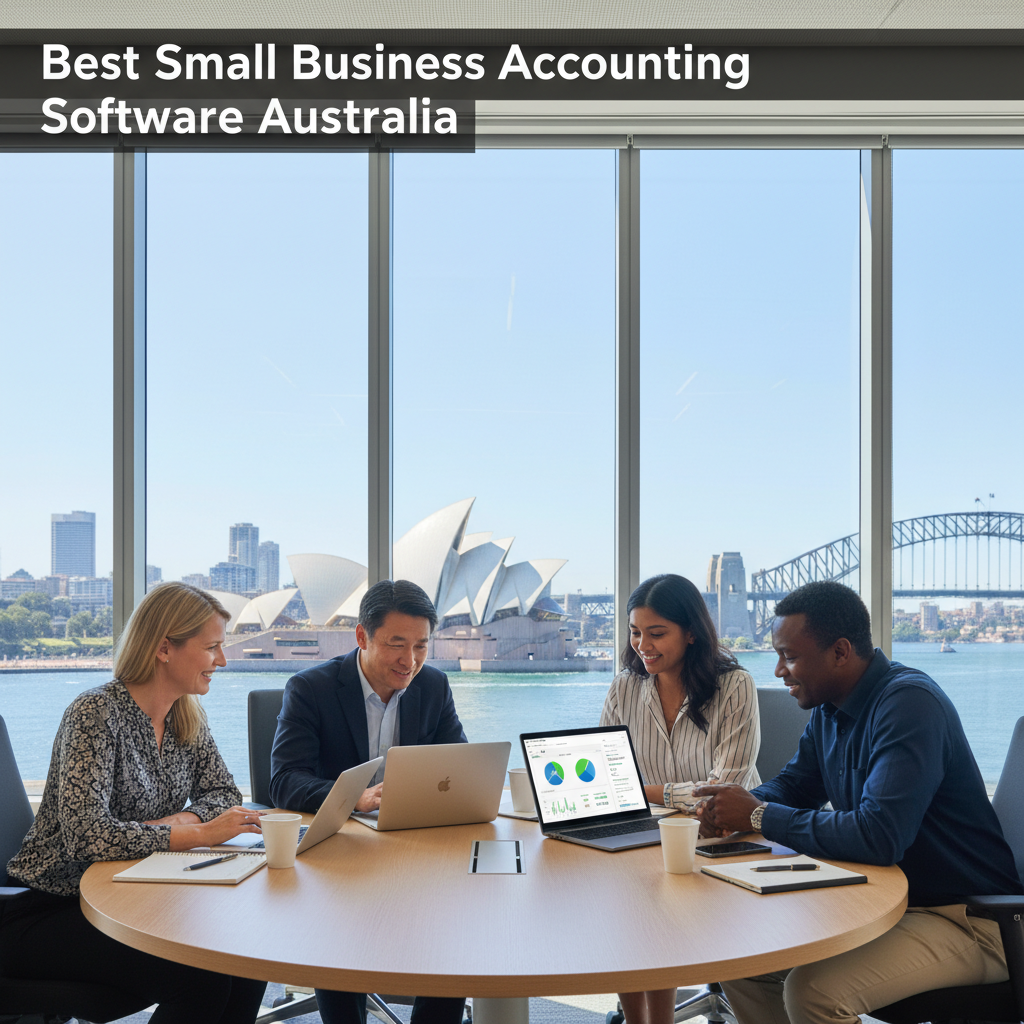 Diverse business owners use accounting software in an Aussie office with skylines in the background.