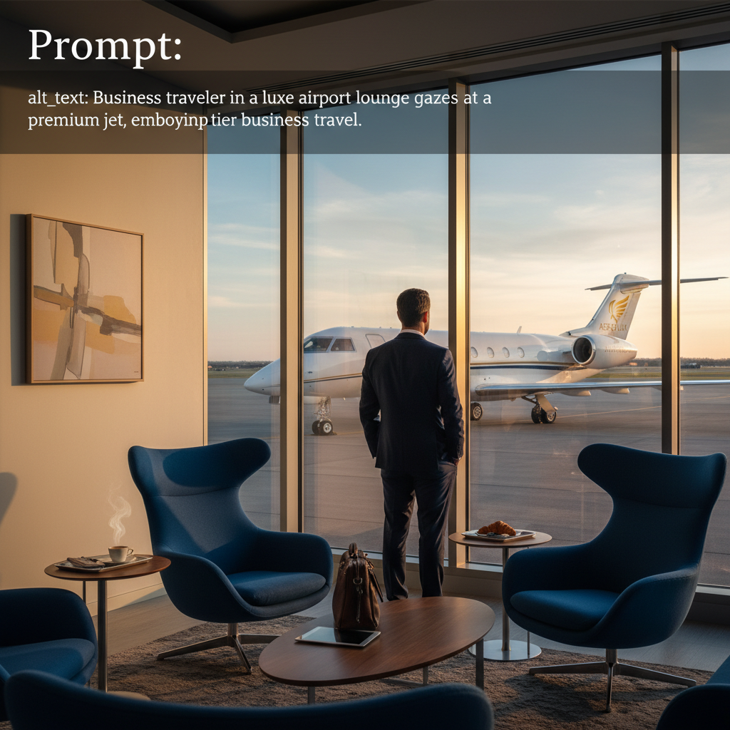 alt_text Business traveler in a luxe airport lounge gazes at a premium jet, embodying top-tier business travel.