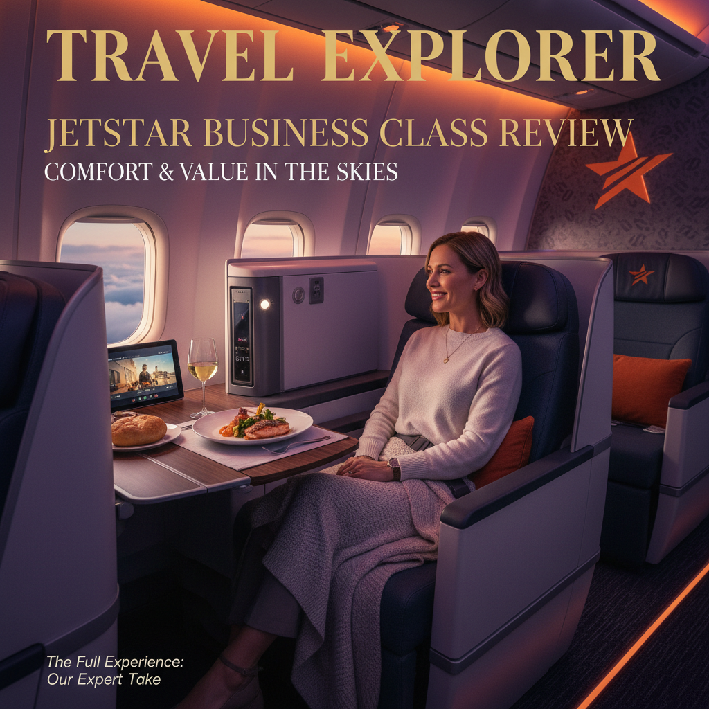 Jetstar Business Class cabin with spacious seats, elegant dining, and a relaxed, happy passenger.