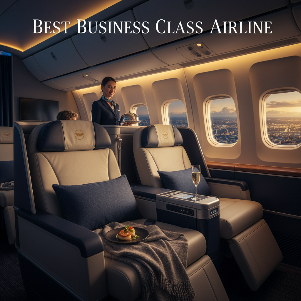 Luxurious business class cabin with lie-flat seats, gourmet service, and stunning views for elite travelers.