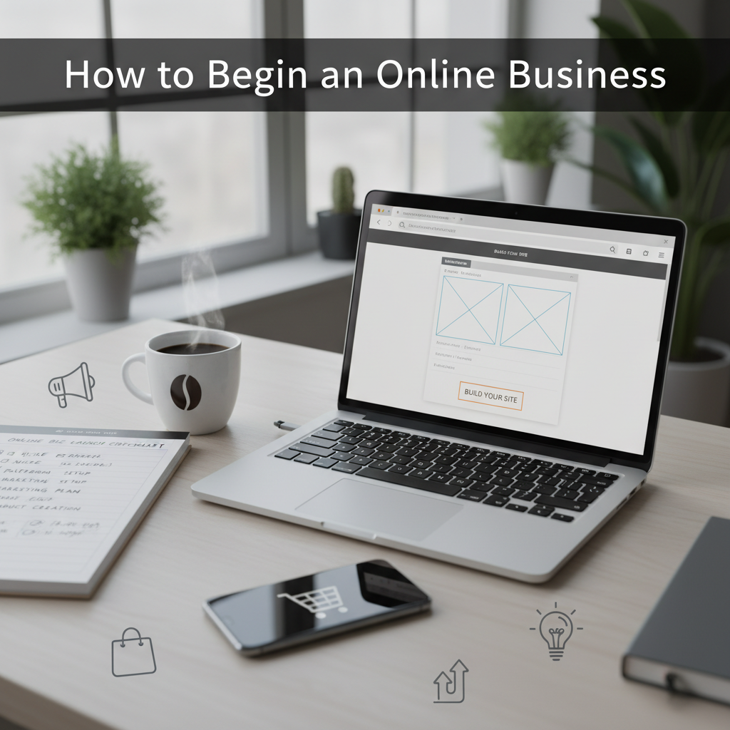 Modern workspace with laptop, notes, and coffee, illustrating steps to start an online business.