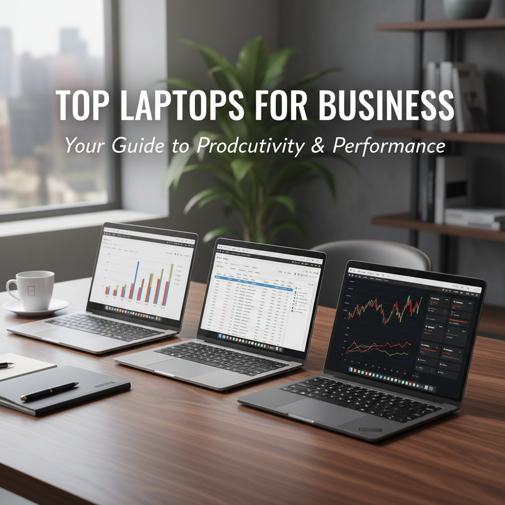 Top Laptops for Business: Three premium laptops on a sleek desk with graphs, coffee, and pro workspace.