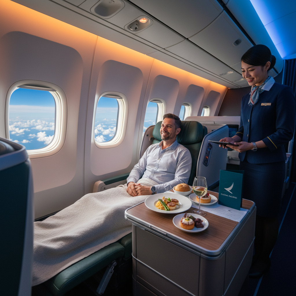 Cathay Pacific business class cabin exuding luxury, comfort, gourmet dining, and attentive service in flight.
