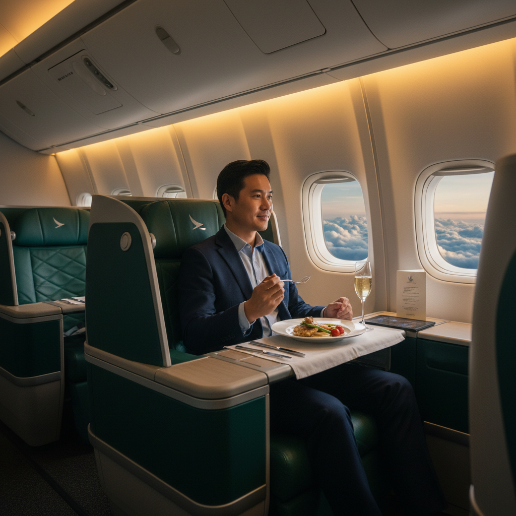 Cathay Pacific business class cabin with plush seats, gourmet dining, and a traveler enjoying luxury.