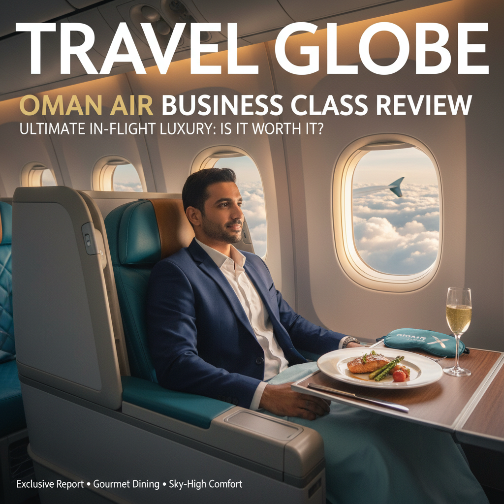 Oman Air business class: luxury seating, gourmet dining, and sky views promise ultimate in-flight comfort.