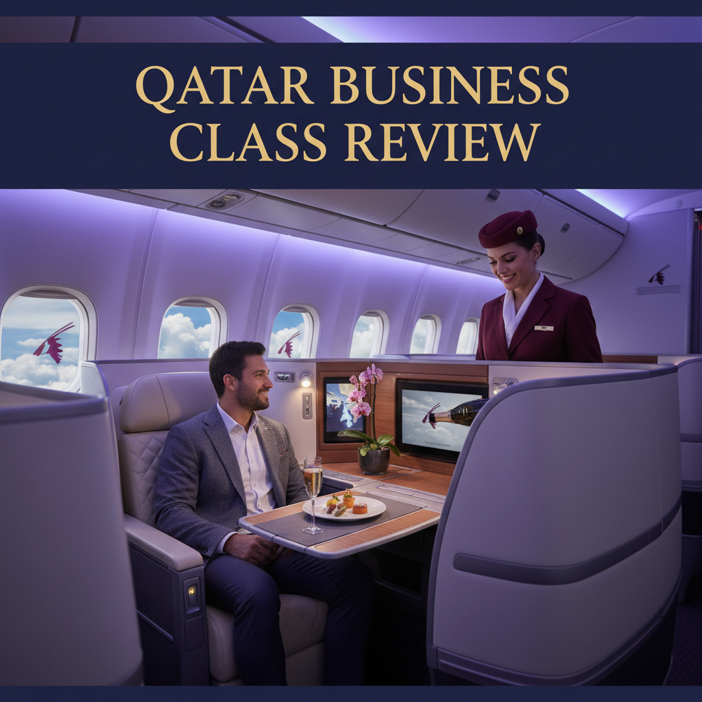 Luxurious Qatar Airways business class cabin with elegant service, plush seats, and sky views.