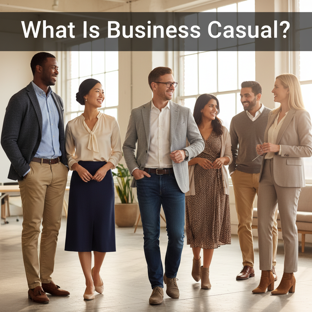 Diverse professionals show modern business casual fashion in a bright, welcoming office setting.