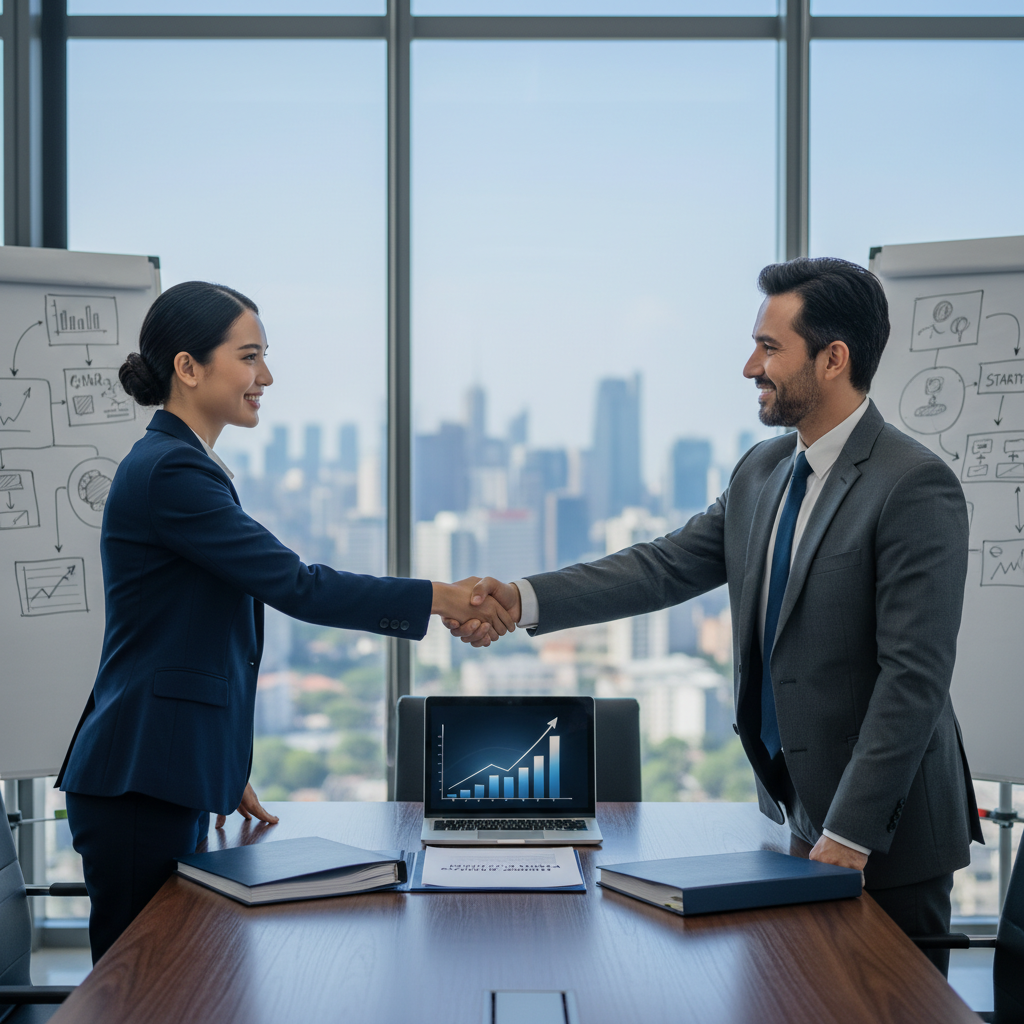 Businessperson and investor shake hands over venture capital agreement, symbolizing startup funding success.