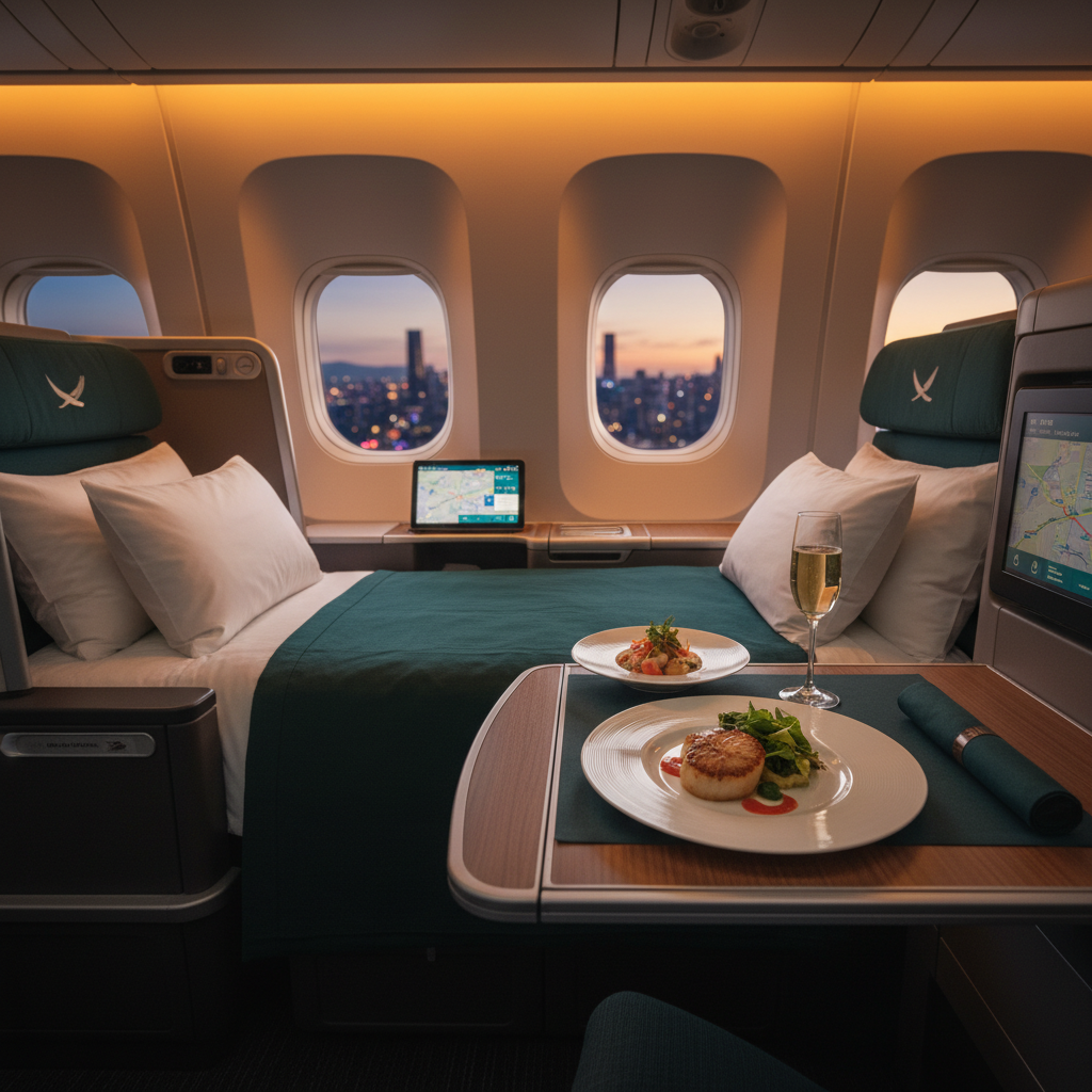 alt_text Cathay Pacific business class cabin with lie-flat seat, gourmet meal, and luxury inflight ambiance.