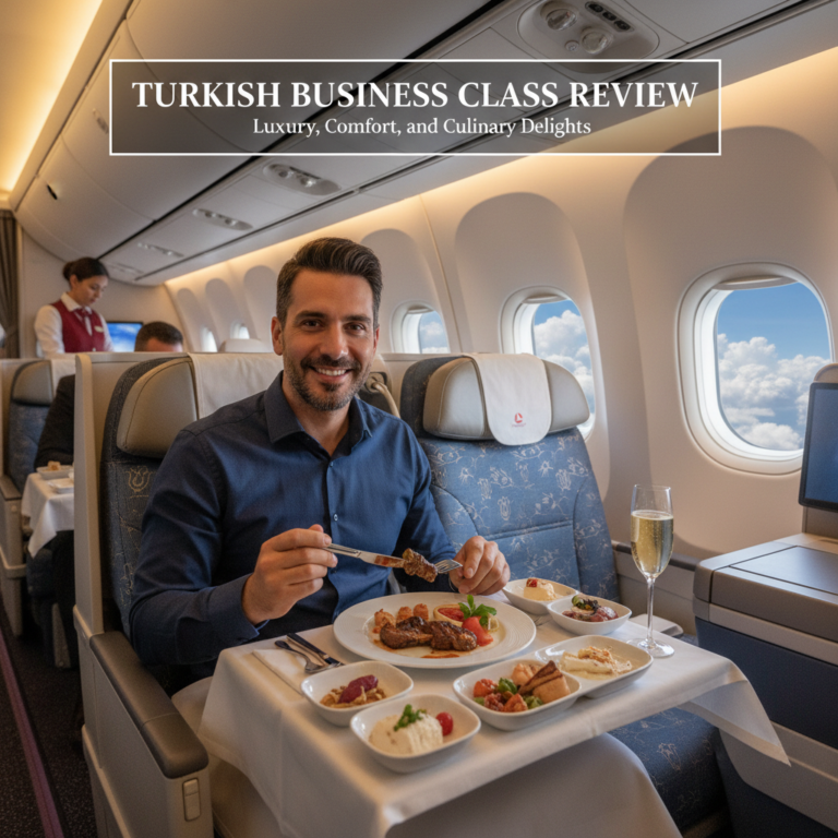 Luxury Turkish Airlines Business Class: elegant cabin, gourmet dining, comfort, and sky-high views