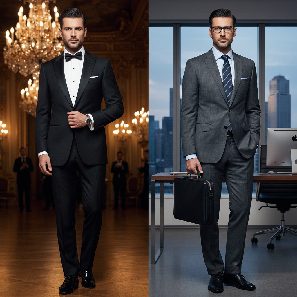 A man styled in classic tuxedo and sharp business suit, highlighting elegant formal and professional fashion.