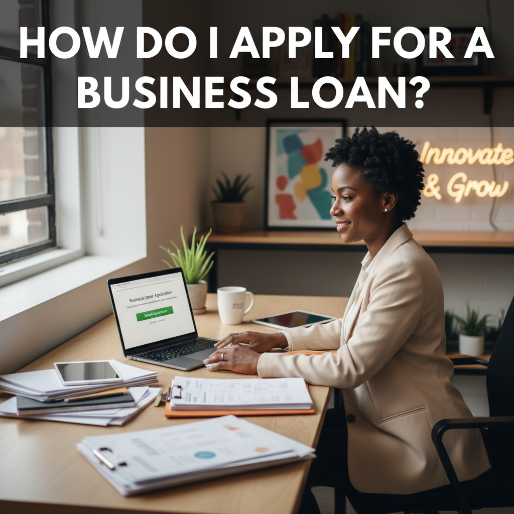 How Do I Apply for a Business Loan? Confident owner submits online application in a modern office.