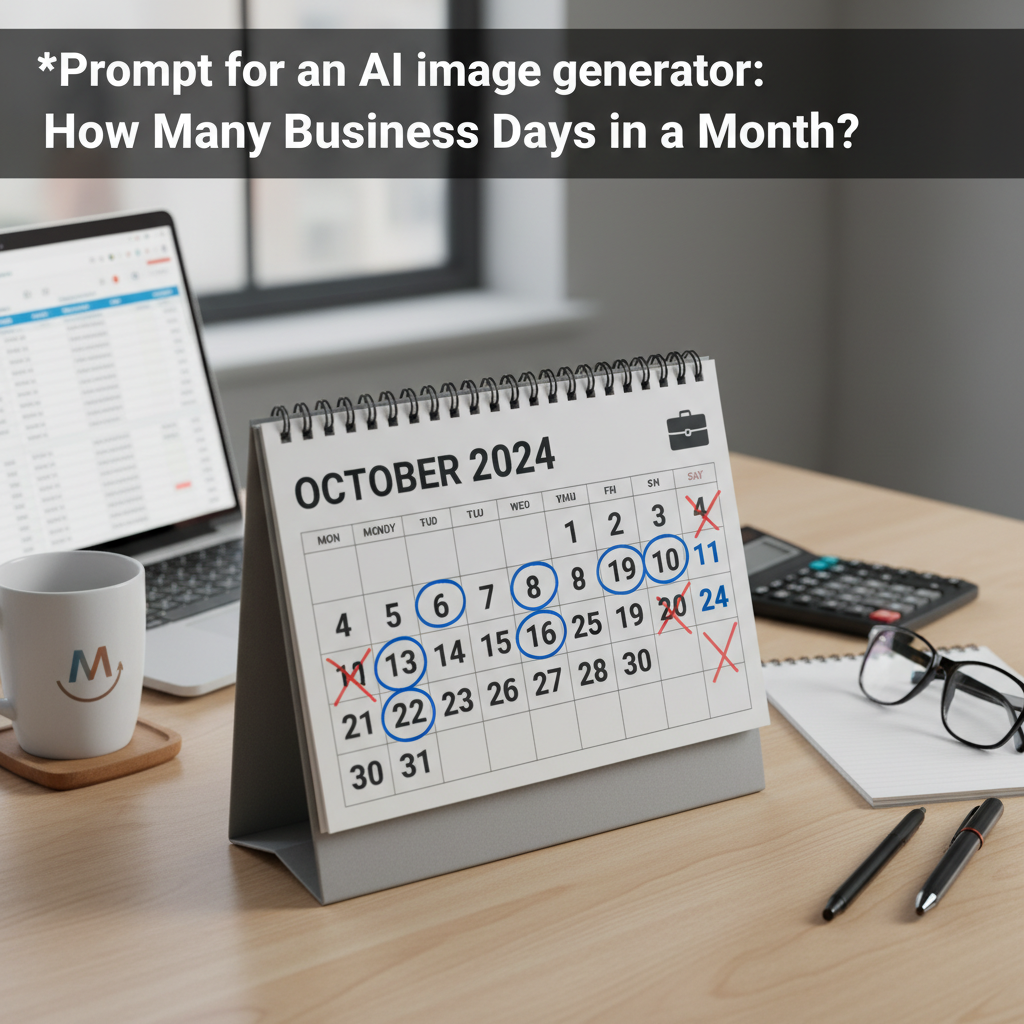 Modern desk with calendar highlighting business days, surrounded by laptop, coffee, and office supplies.