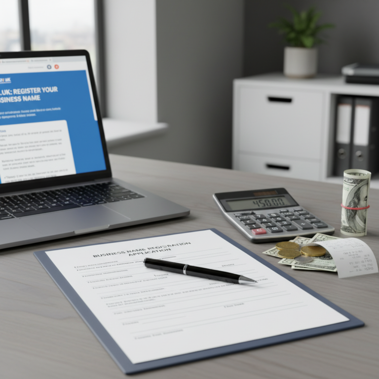 Business registration costs shown with papers, calculator, laptop, and money on a professional desk.