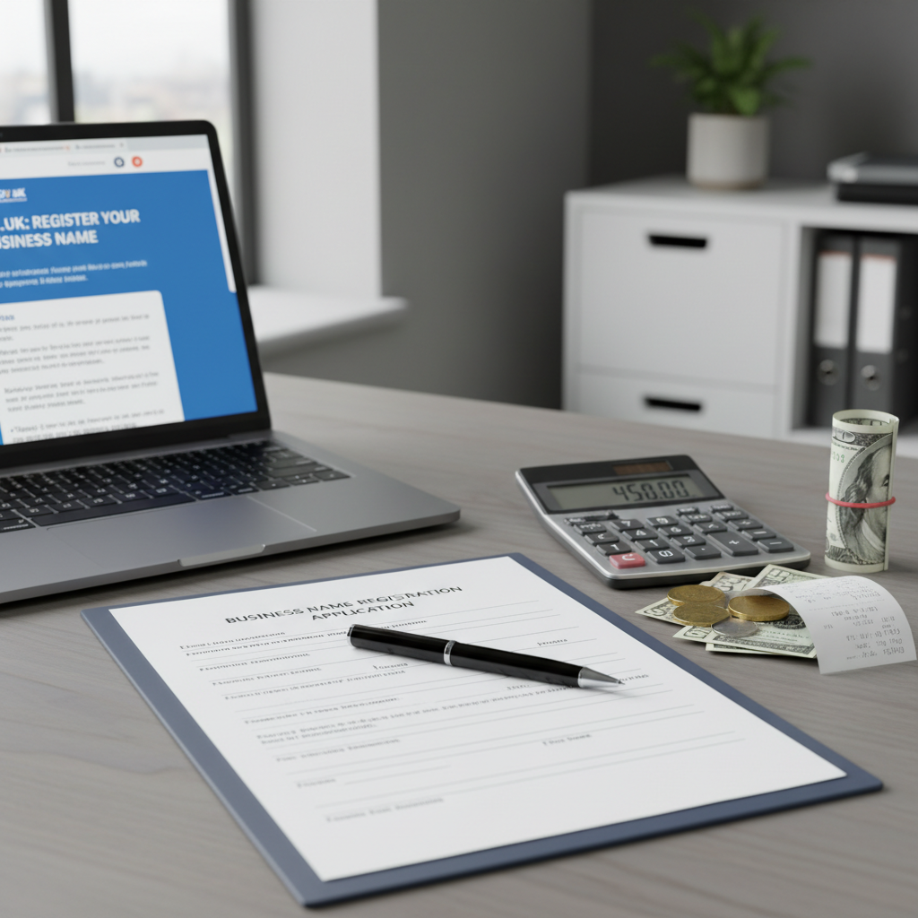 Business registration costs shown with papers, calculator, laptop, and money on a professional desk.