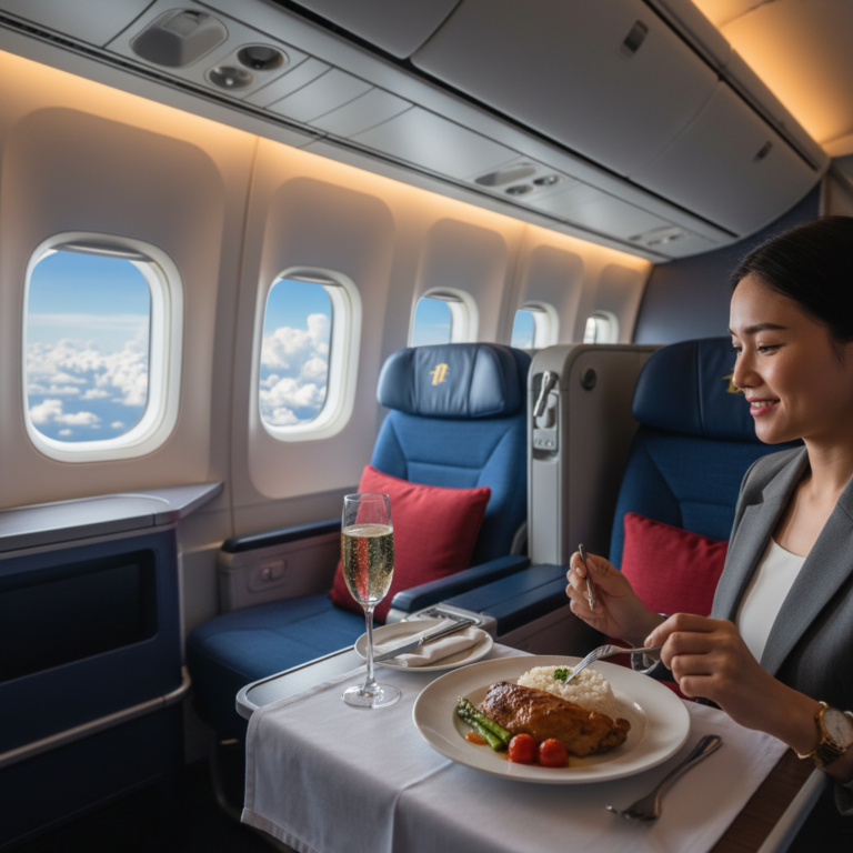 Luxurious Malaysia Airlines business class cabin with plush seats, fine dining, and sky views.