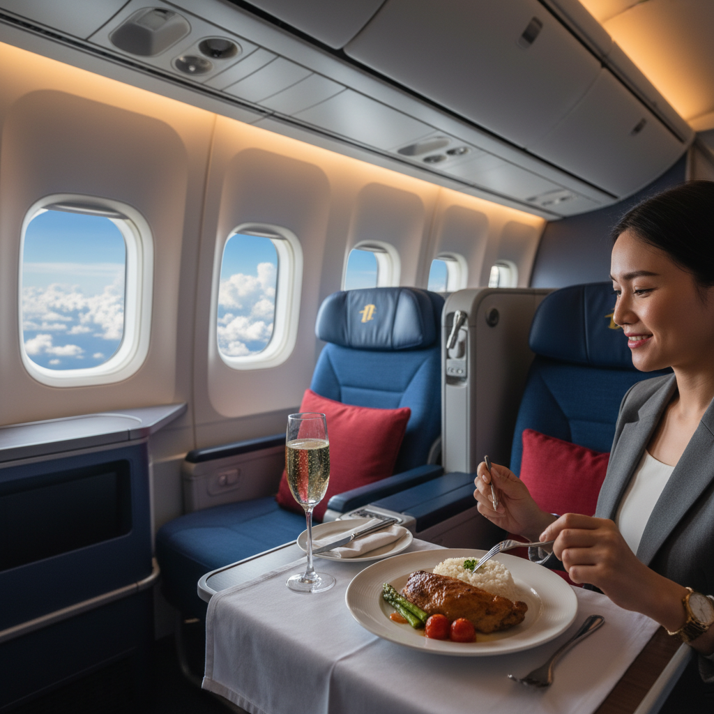 Luxurious Malaysia Airlines business class cabin with plush seats, fine dining, and sky views.