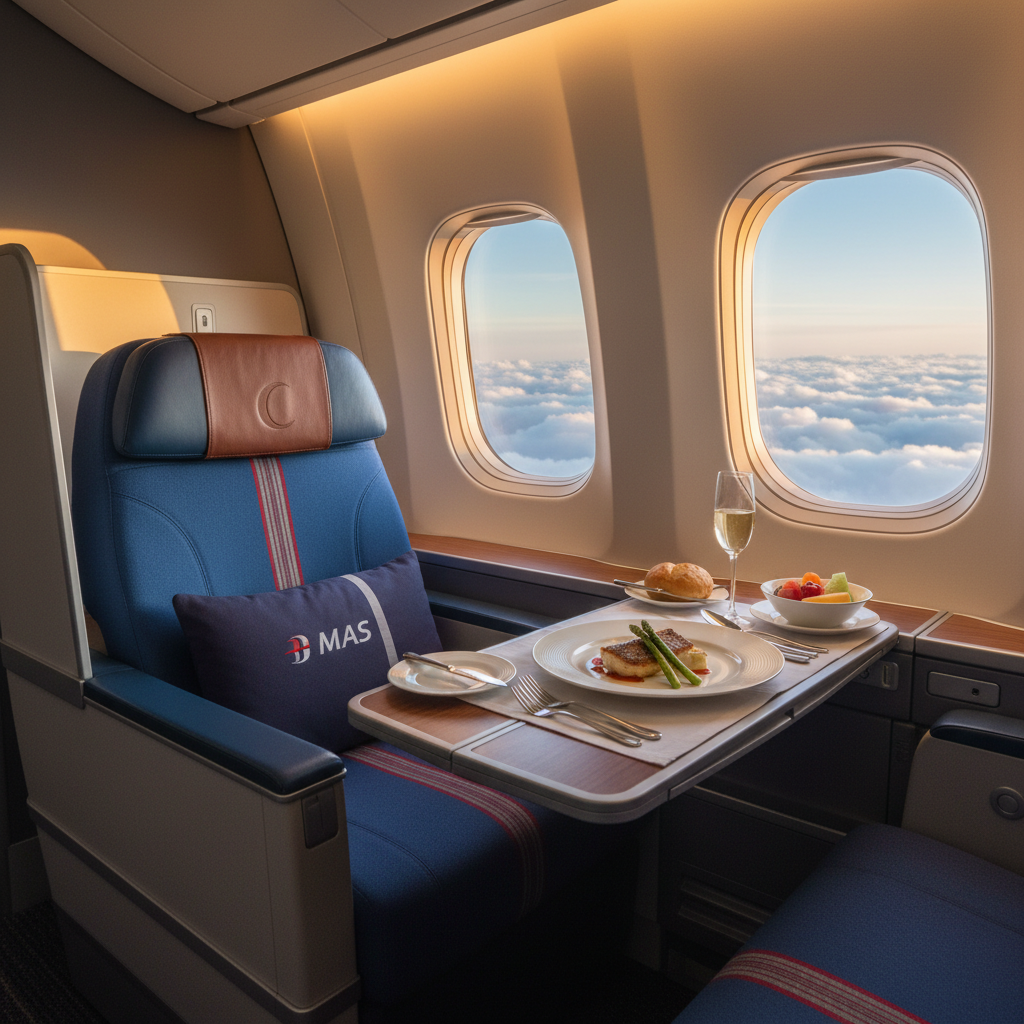 Luxurious MAS business class seat with meal, soft lighting, and sky view, exuding comfort and style.