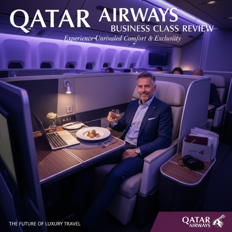 alt_text Elegant Qatar Airways business class: spacious seats, luxury amenities, relaxed passenger, premium style.