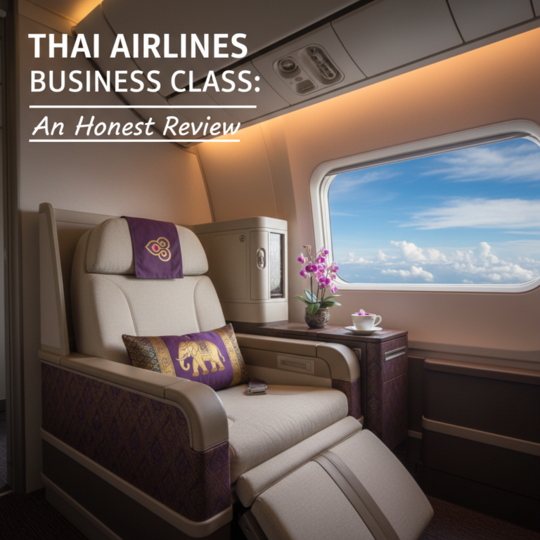 Thai Airlines business class seat with Thai decor, window view, and review headline overlay