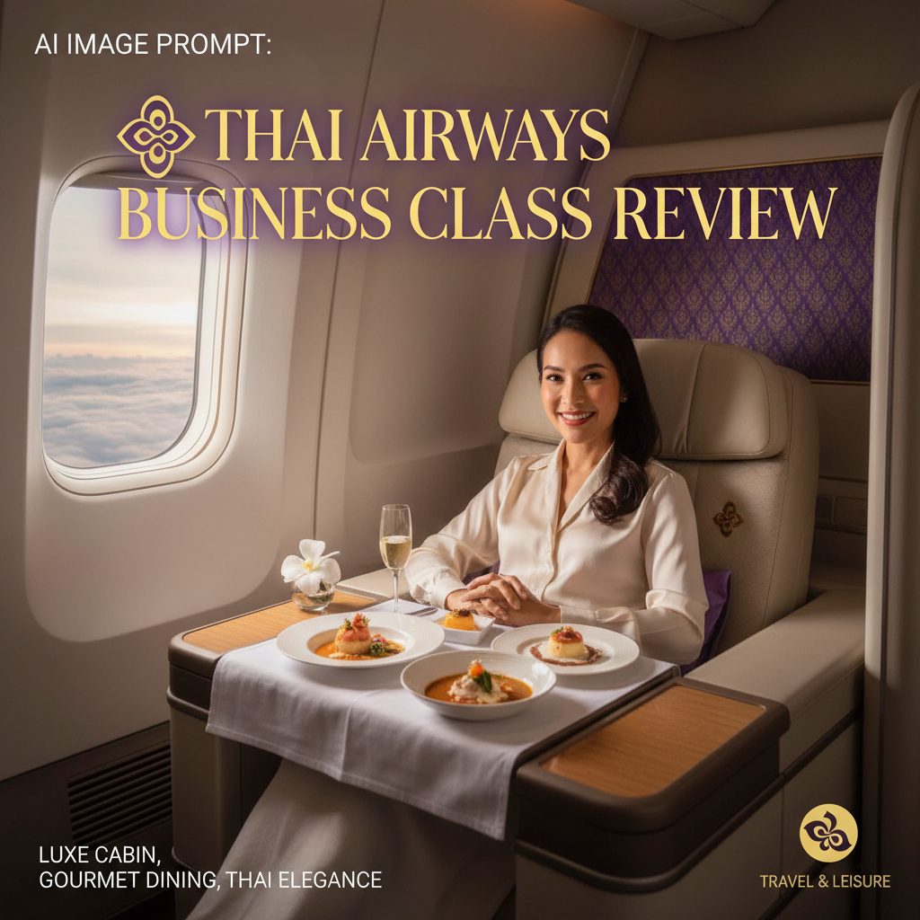 alt_text Thai Airways business class: luxe cabin, gourmet dining, smiling passenger, and Thai-inspired elegance.