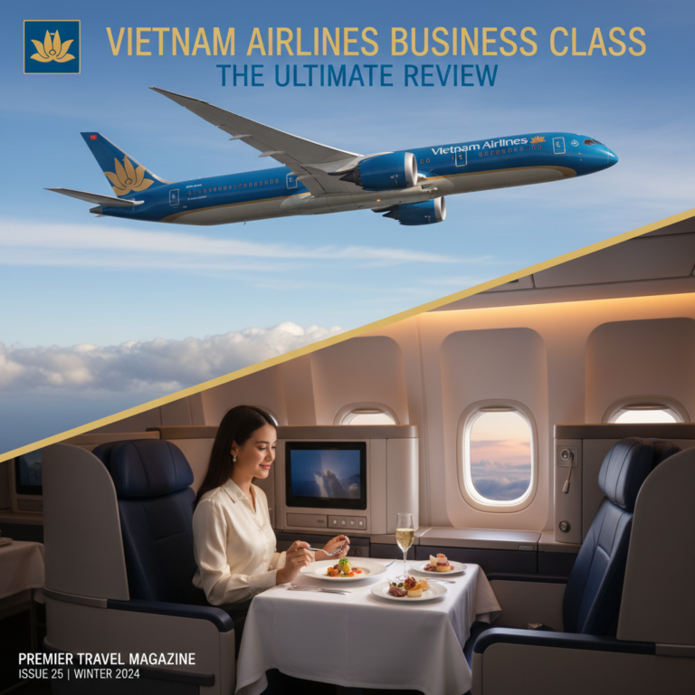 Vietnam Airlines jet and luxury business class cabin feature on premium magazine cover for an ultimate review.