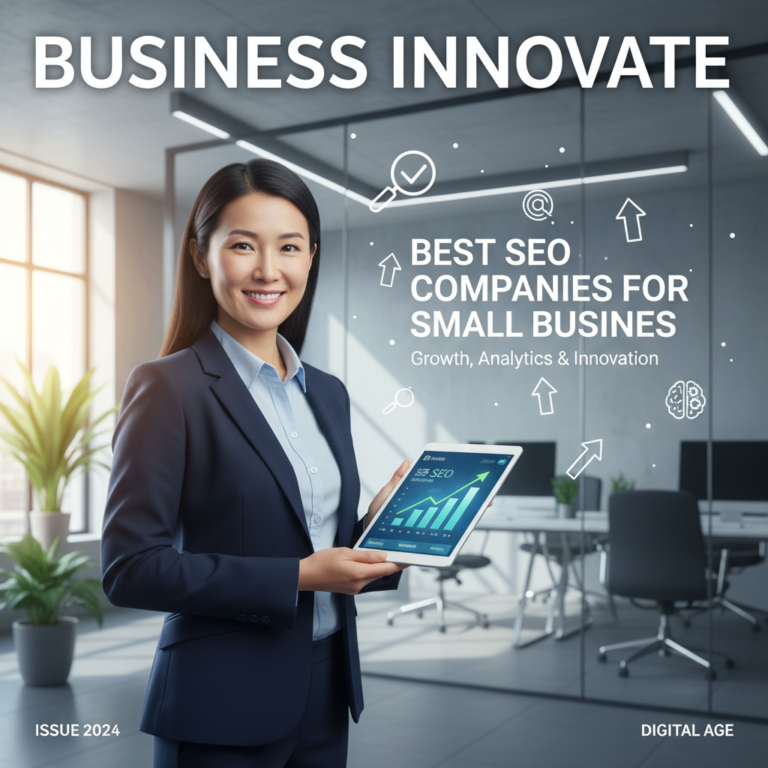 Best SEO companies for small business—growth, analytics, and innovation on a modern magazine cover.