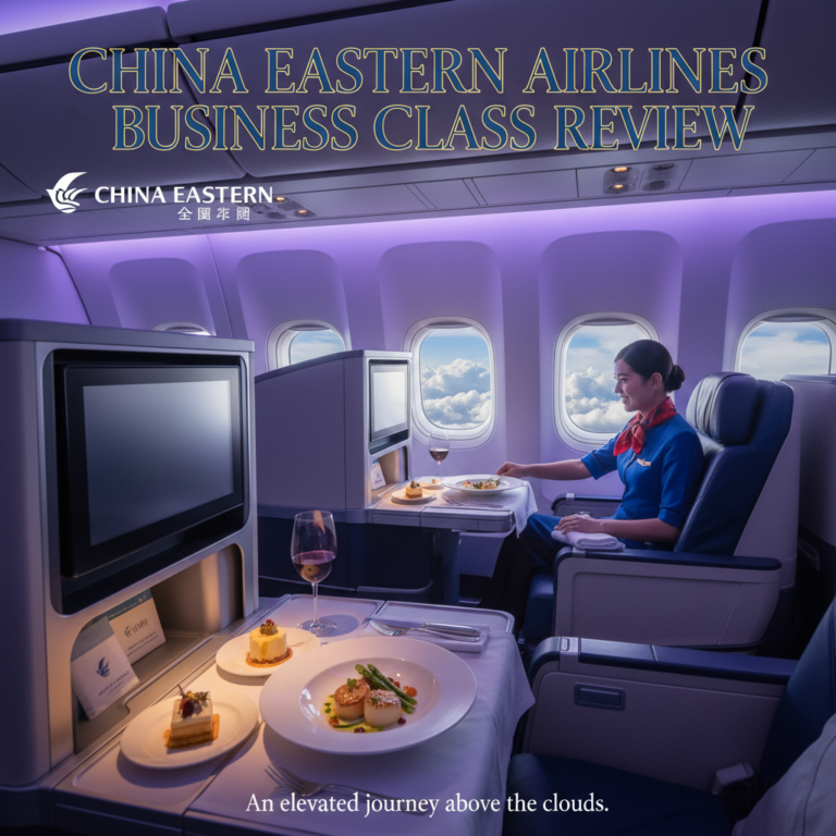 alt_text: Luxurious China Eastern Airlines business class cabin with gourmet dining, elegant seats, and sky views.