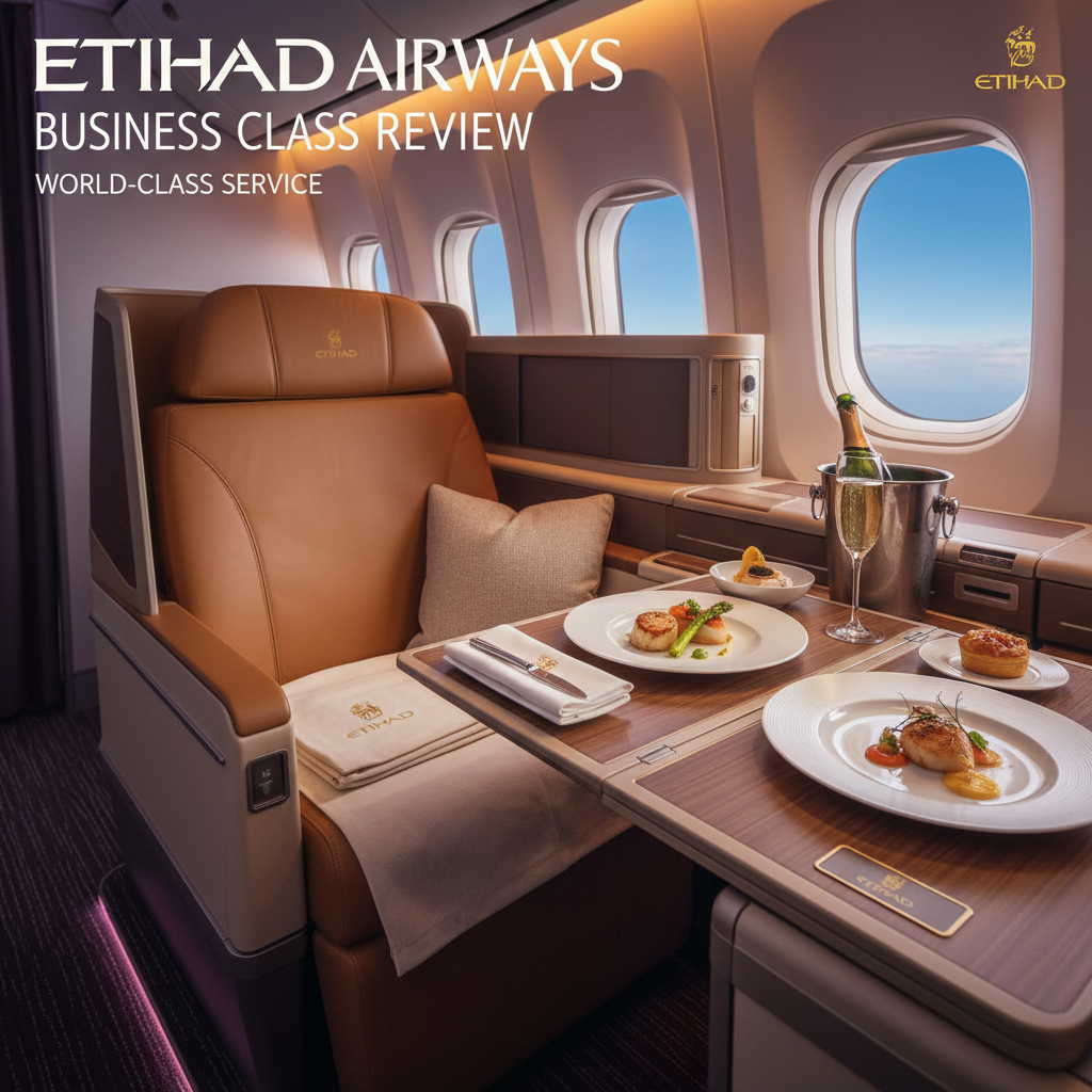 Etihad Airlines' luxe business class seat with gourmet meal, champagne, and elegant cabin ambiance.