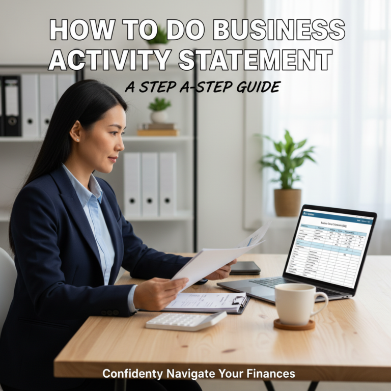 How To Do Business Activity Statement: Confident pro reviews BAS at desk in a modern, organized office.
