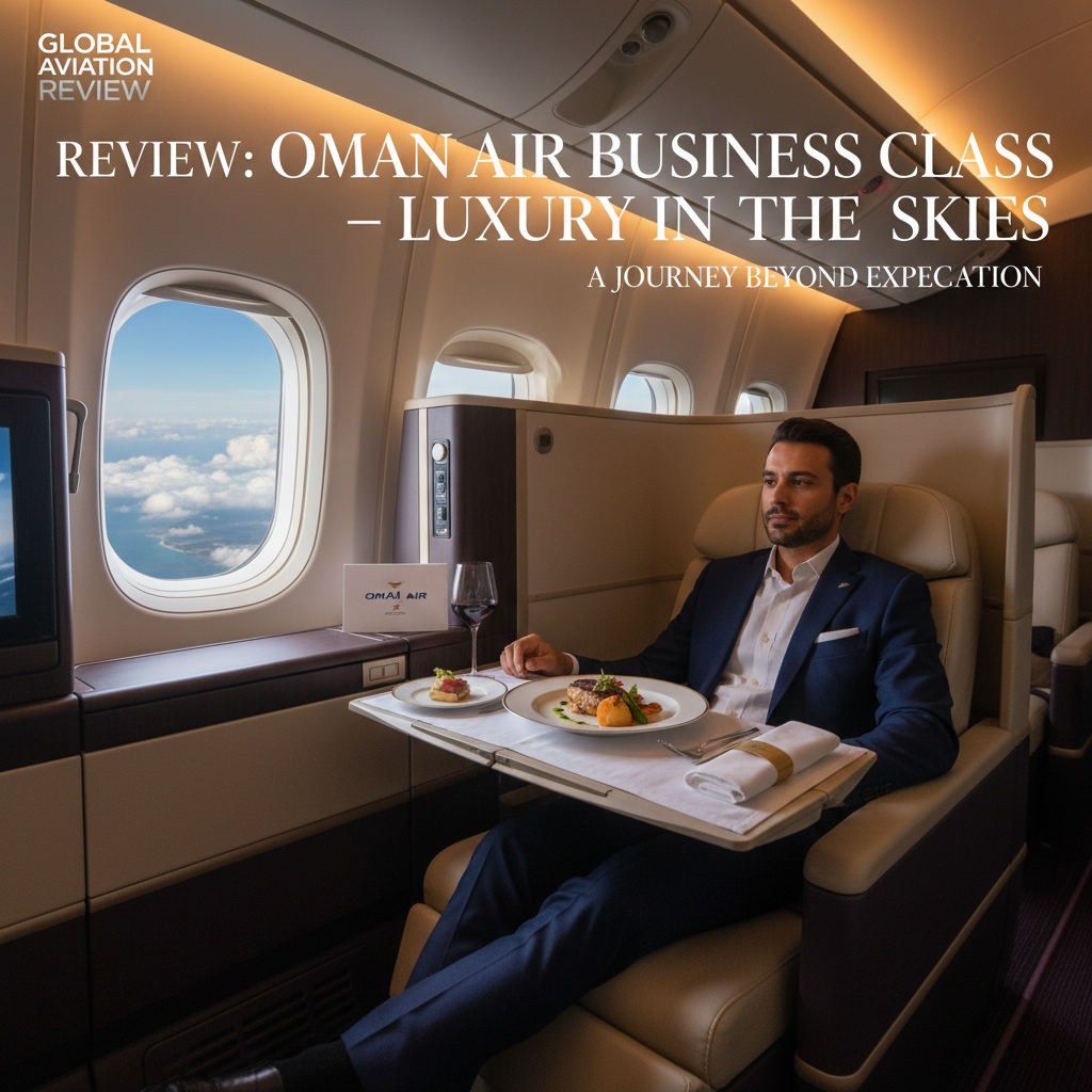 alt_text: Oman Air business class magazine cover showing luxury seating, dining, and in-flight elegance.