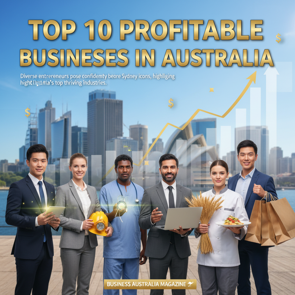 Diverse entrepreneurs pose confidently before Sydney icons, highlighting Australia’s top thriving industries.