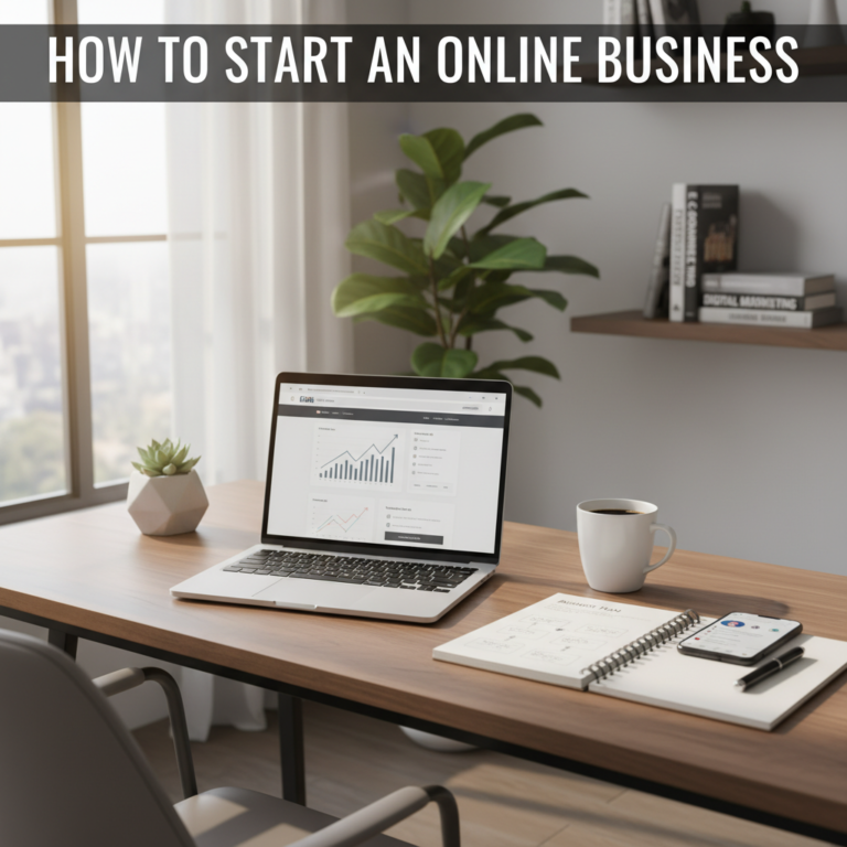 Modern home office setup with a laptop, business plan, and coffee, inspiring online entrepreneurship.