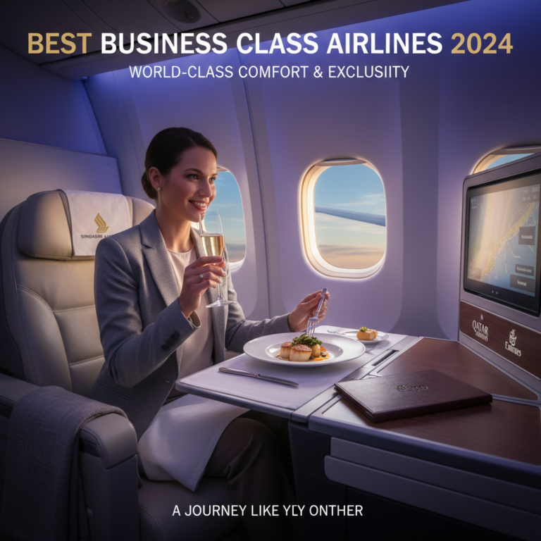 Luxurious business class cabin with gourmet dining, plush seats, and top airline branding in flight.
