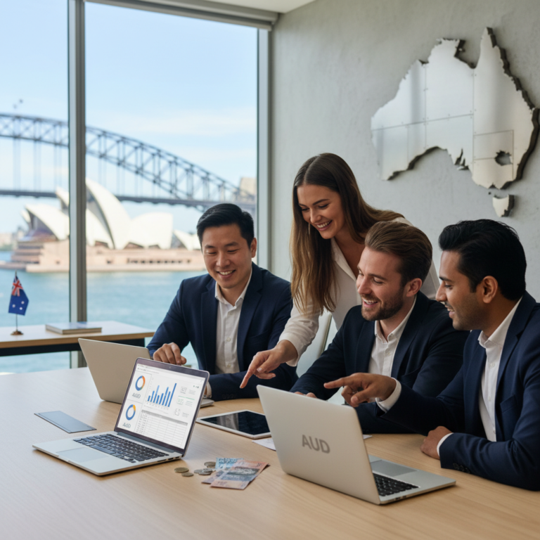 Diverse Aussie business team uses accounting software, laptops, and AUD in a modern, techy office.
