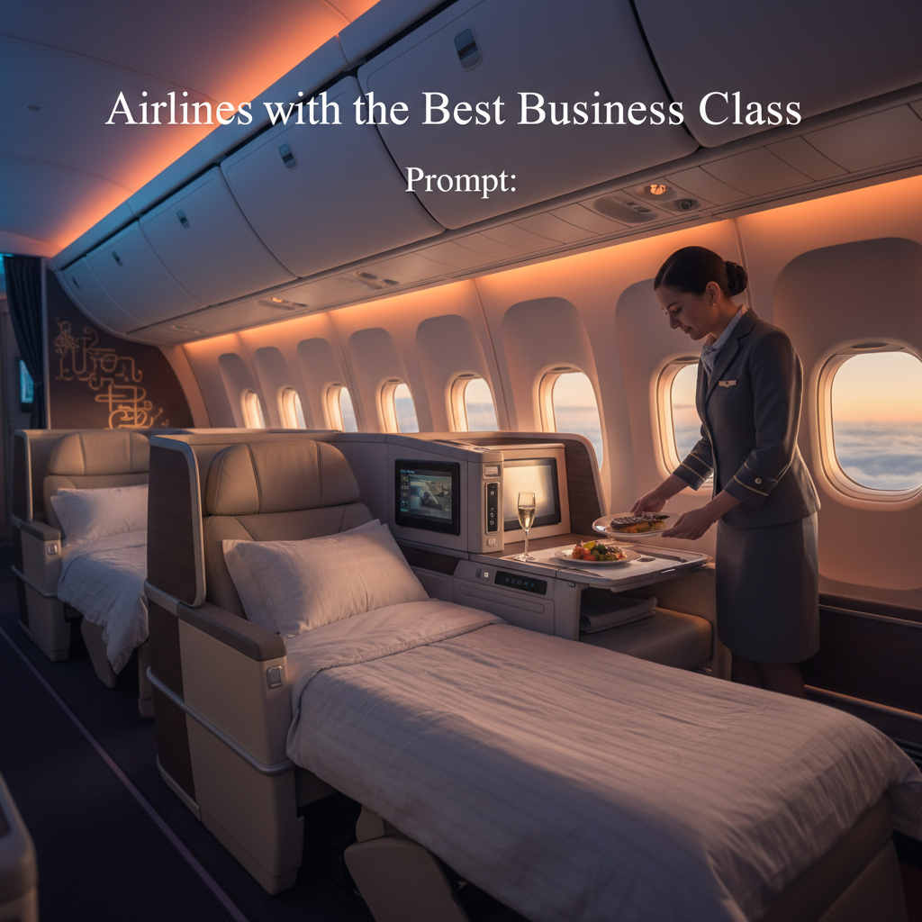 Luxurious airplane cabin with lie-flat seats, gourmet meals, and premium service in business class.
