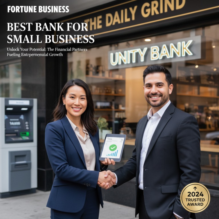 Confident business owner outside their shop with banking elements, symbolizing partnership and success.