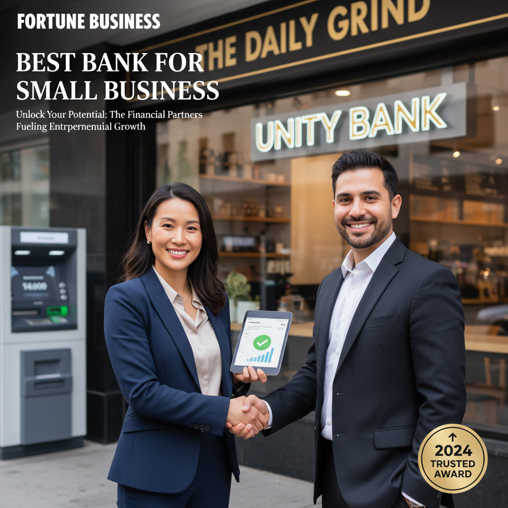Confident business owner outside their shop with banking elements, symbolizing partnership and success.