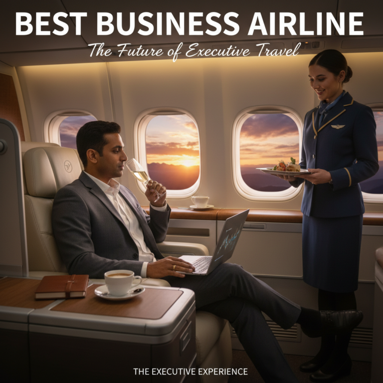 alt_text: Luxurious first-class airline cabin with business traveler, sunset view, and elegant service.