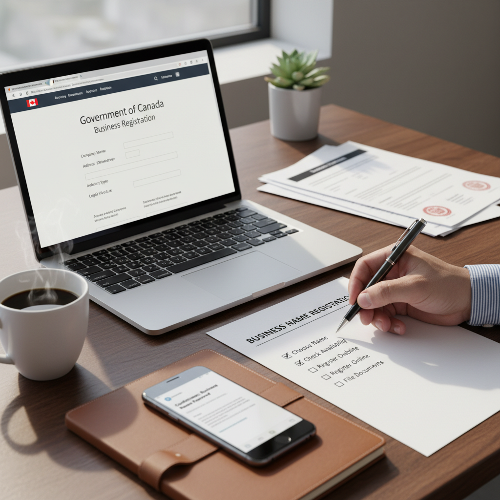 A professional desk with documents, laptop on a registration form, and a hand registering a business name.