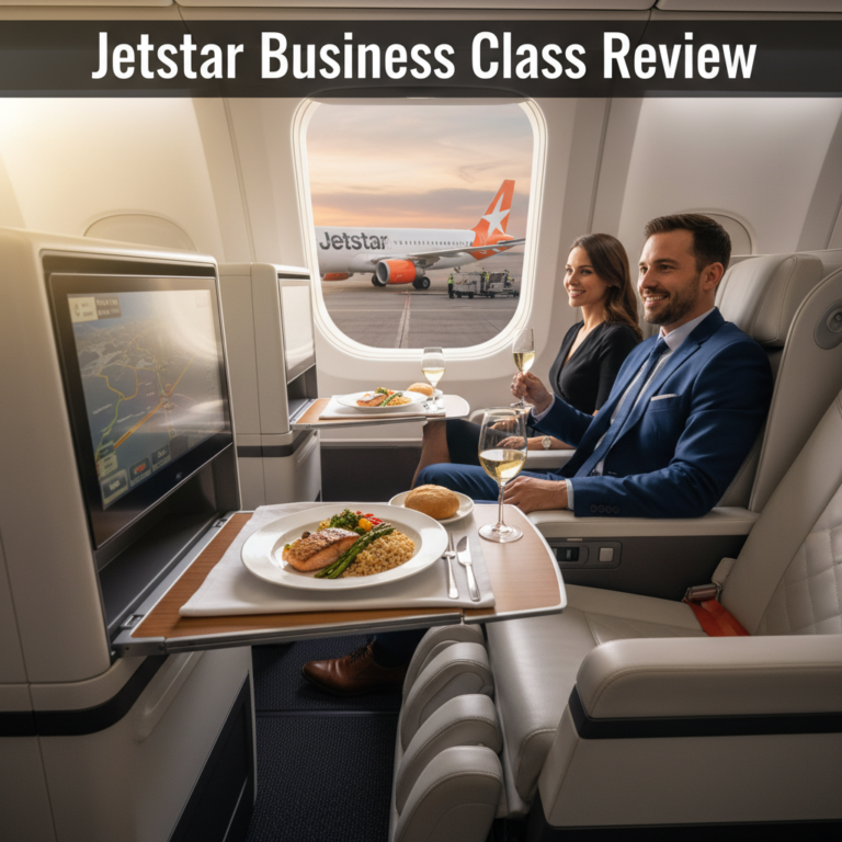 Jetstar Business Class: Modern plane, luxury seats, gourmet dining, and premium in-flight comfort.