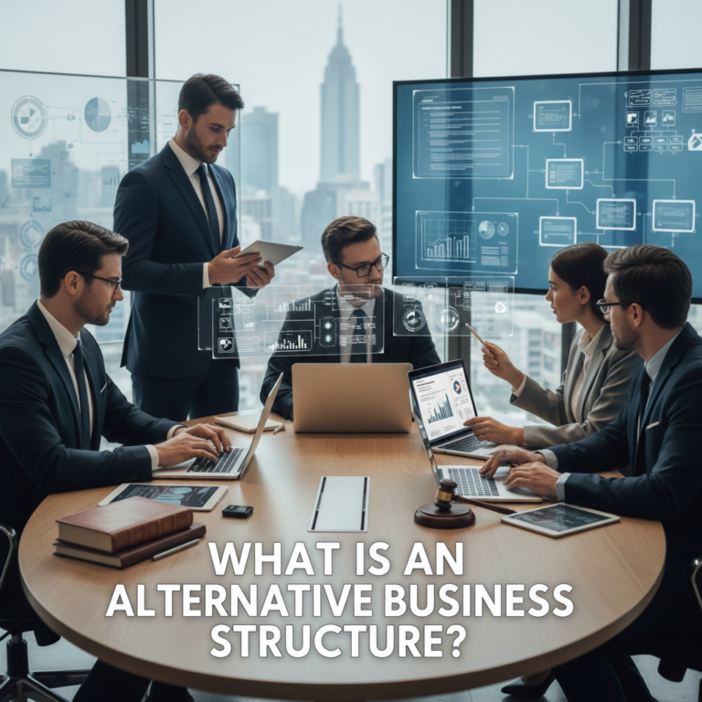 What is an Alternative Business Structure? Diverse pros collaborate in a modern, tech-driven office setting.