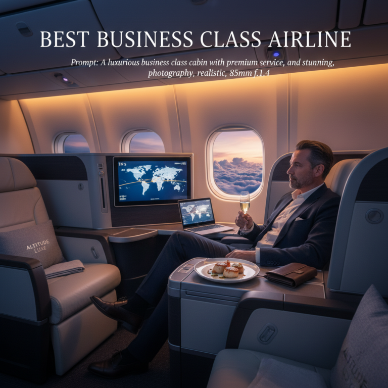 A luxurious business class cabin with premium service, elegant seating, and stunning sky views.