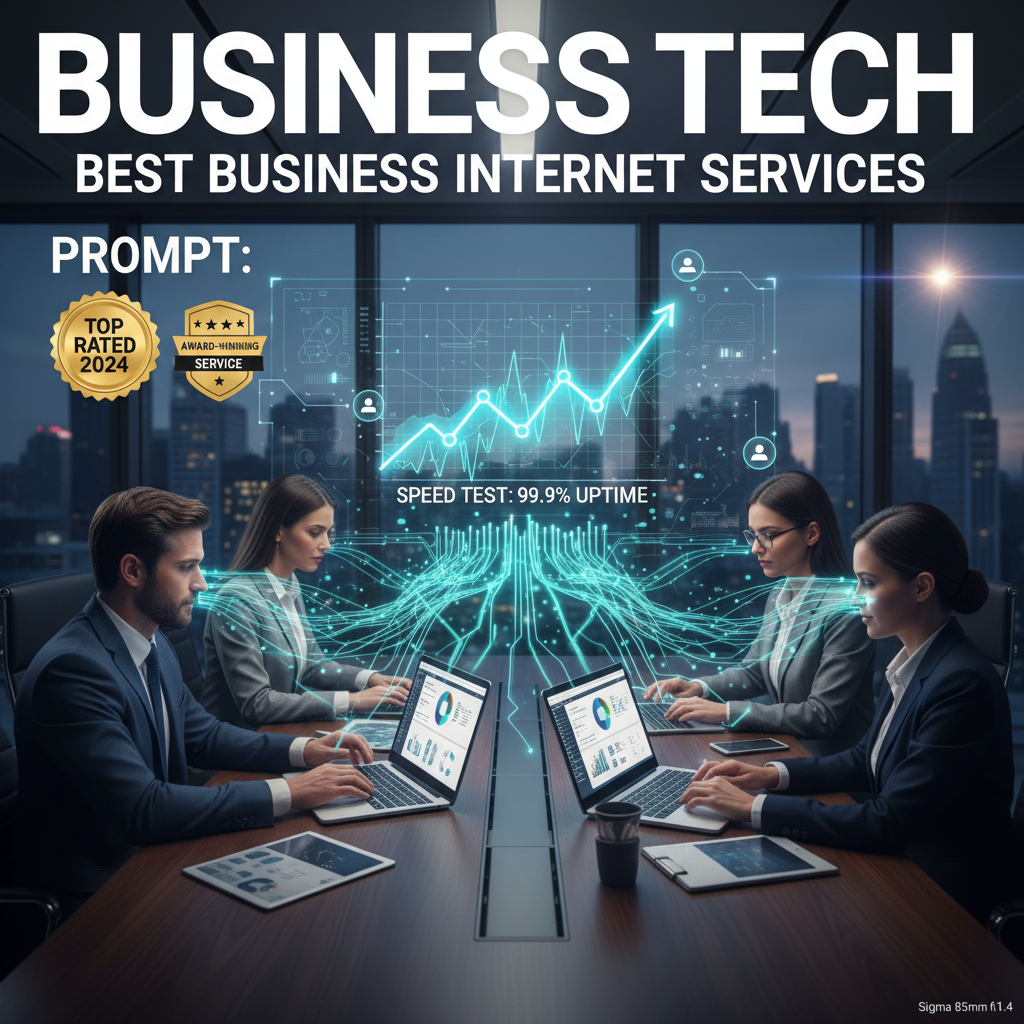 Modern professionals using top-rated business internet in a sleek, high-tech office conference room.