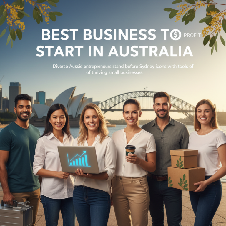 Diverse Aussie entrepreneurs stand before Sydney icons with tools of thriving small businesses.
