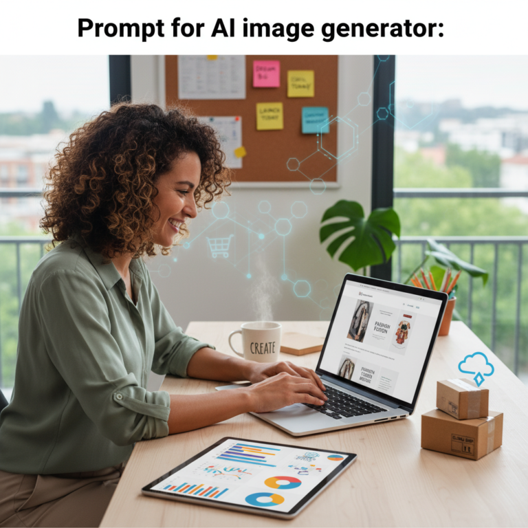 Diverse entrepreneur launching an online business in a bright home office, surrounded by digital tools.
