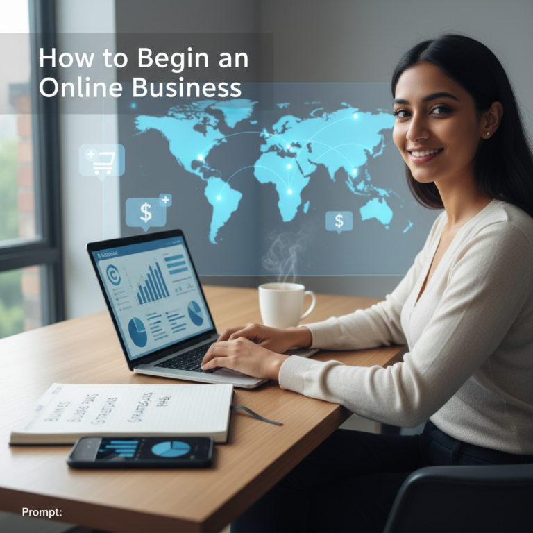 Confident professional at a laptop in a bright home office, surrounded by online business symbols.