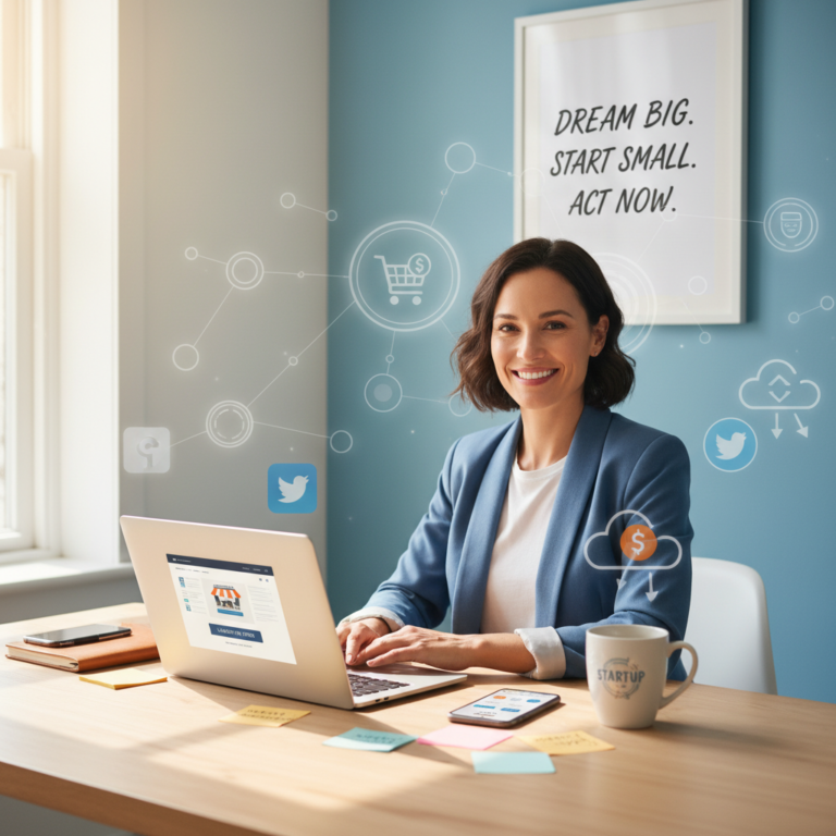 Entrepreneur at desk with laptop, digital icons, and home office, starting an online business journey.